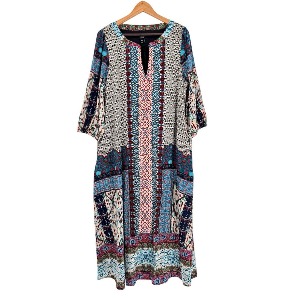 JUNE + VIE Women's Multicolor Boho Patchwork 3/4 Sleeve Shift Dress NWT 18/20
